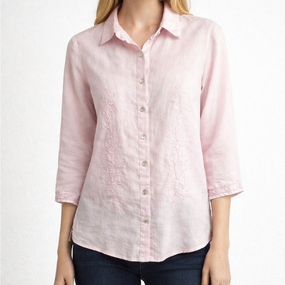 Edward embroidered light Pink Irish‎ Linen button down Shirt MEDIUM